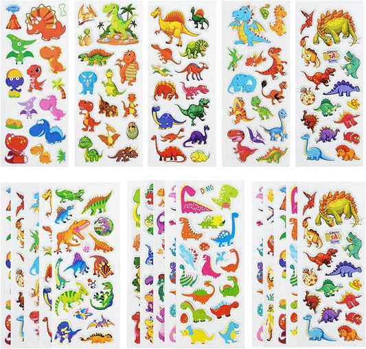 24 sheets(400+) dinosaur 3d puffy stickers for toddlers kids, bulk preschool sticker sheets for reward, craft, scrapbooking
