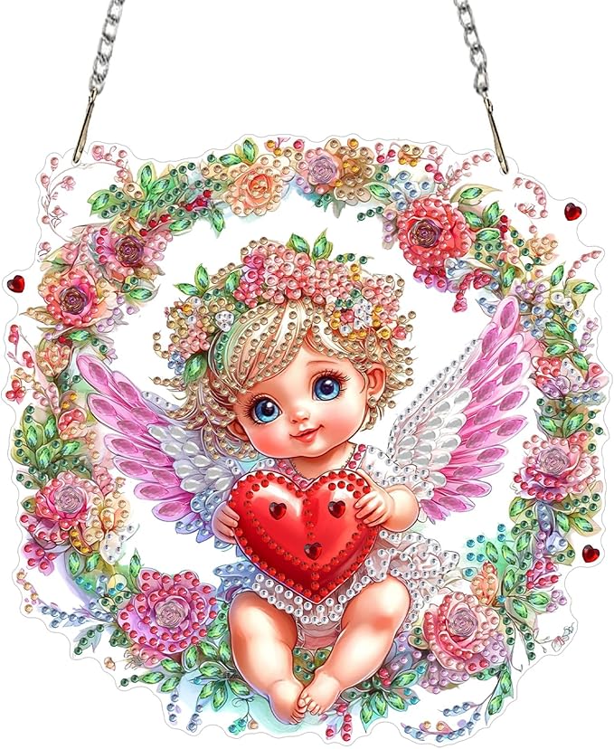 KEYIFA Valentine's Day Diamond Painting Kit, DIY Cupid Diamond Art for Adults, Diamonds Pendant Special Shaped Rhinestone Window Hanging Ornaments Home Garden Wall Door Decoration, 20cm Width