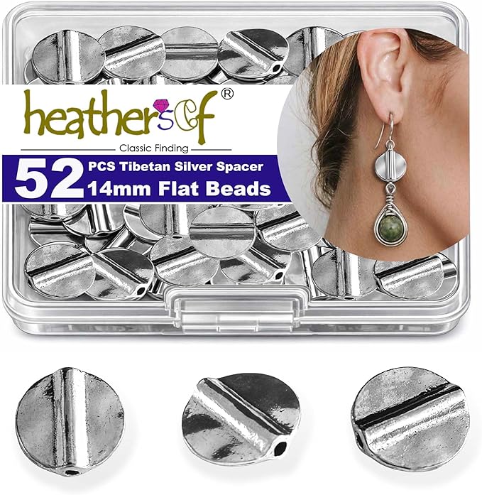 Tibetan Silver Smooth Spacer 52Pcs Flat Beads for Jewelry Making Supplies Adults Small Seed Bead for Necklace Earring Bracelet Making Kit Bulk 14mm