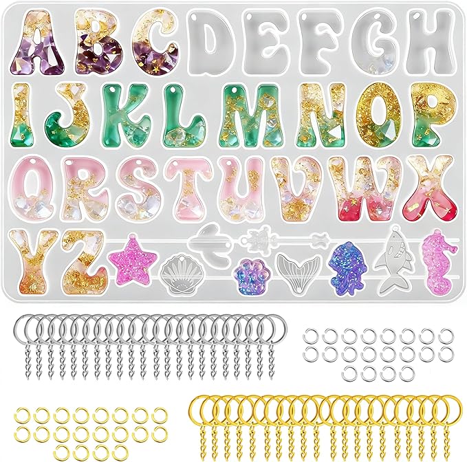 Cute Alphabet Resin Molds with 40 Keychains (20 Gold & 20 Silver) - Reversed Letter Silicone Mold with Holes, Bubbly Initial Mold & Ornaments, DIY Epoxy Casting Kit for Name Tags & Personalized Gifts
