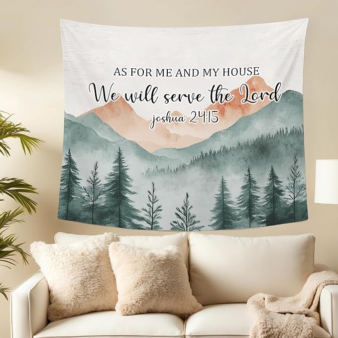 MNASAIOO Christian Mountian Wall Tapestry Hanging for Bedroom, Bible Verse Scripture We Will Serve The Lord Tapestries, Watercolor Religious Wall Decor Banner for Living Prayer Room Church 50x60in