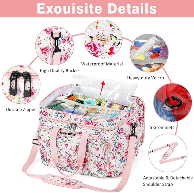IBFUN 3PCS Crochet Bag with Wrist Yarn Holder, Large Yarn Storage Tote Waterproof Knitting Bag Organizer with Adjustable Strap for Hooks, Needles (Up to 14"), Accessories, Crochet Lovers, Tangle-Free