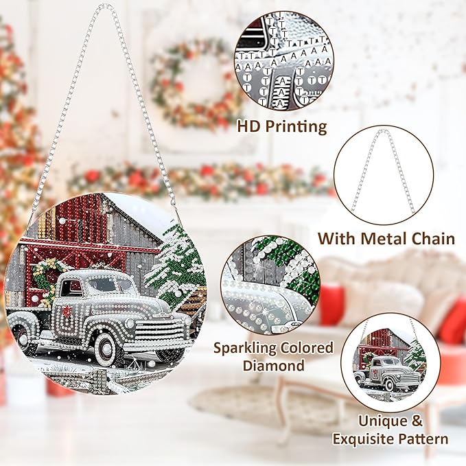 SENQAO Christmas Diamond Art Hanging Kits for Adults Kids, Farmhouse Truck Diamond Art Suncatchers, 5D Special Shape Diamond Painting Pendant Window Ornament Gifts for Home Door Wall Decor
