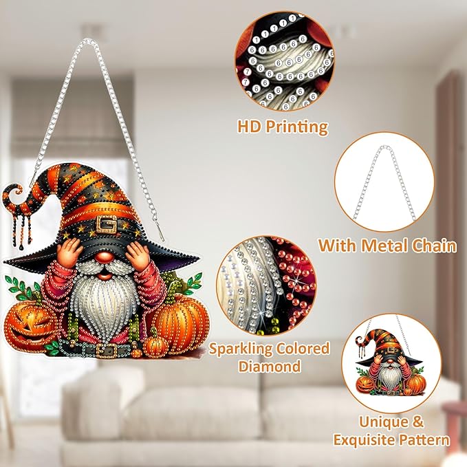 SENQAO Halloween Gnome Pumpkin Diamond Art Hanging Kits for Adults Beginners, DIY Acrylic 5D Special Shaped Crystal Diamond Gem Art Painting Hanging Ornament for Home Wall Decor and Gift