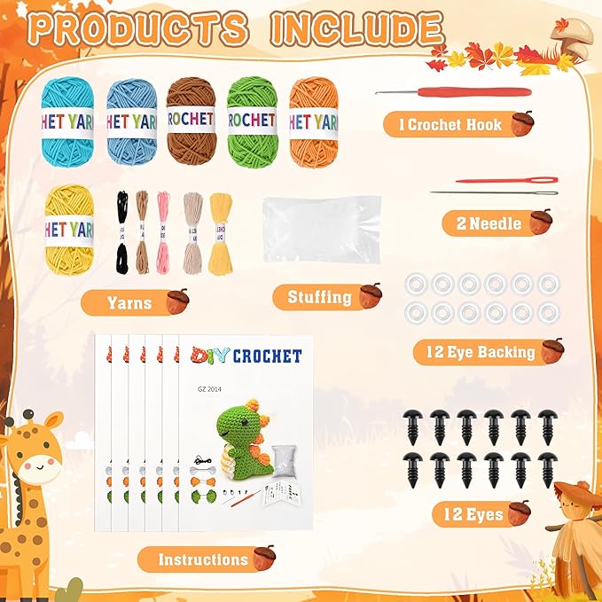 asopetch 6pcs crochet kit for beginners, diy craft for adults and kids, great gife for crochet lovers, crocheting animal kits with step by step videos,yarn,crochet hook,birthday, holiday gift