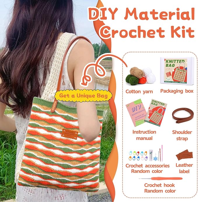 Pnytty Crochet Bag Kit for Beginners Complete Starter Set with Yarn, Hook & Step-by-Step Video Tutorials DIY Shoulder Bag Crafting Gift for Adults (Rainbow)