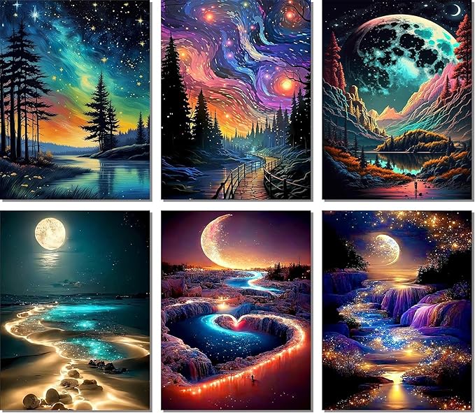 Meothan 6 Pack 5D Diamond Art Painting Kits for Adults Beginners DIY Round Full Drill Diamond Art Kits Moon Beach with Diamonds Gem Art Set for Home Wall Decor 12 x 16 Inch