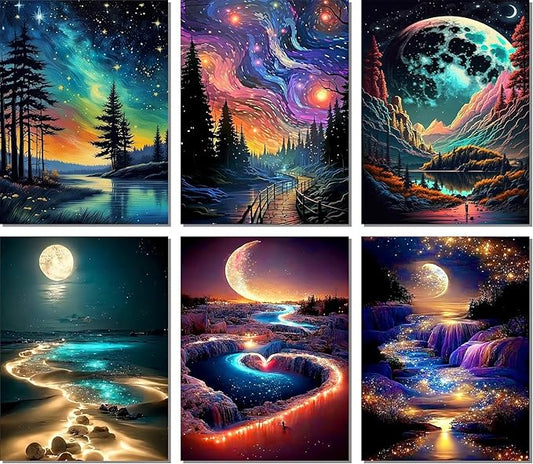 Meothan 6 Pack 5D Diamond Art Painting Kits for Adults Beginners DIY Round Full Drill Diamond Art Kits Moon Beach with Diamonds Gem Art Set for Home Wall Decor 12 x 16 Inch