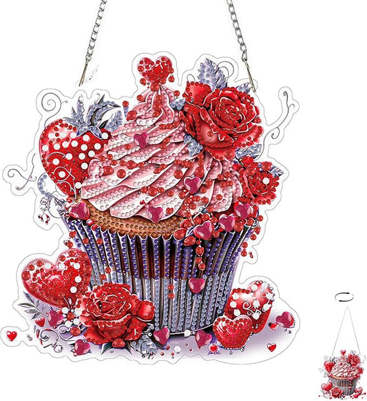 TOSTOG Strawberry Cupcakes Diamond Art Pendant Kits for Adult, Diamond Painting Hanging Kit for Beginners, 5D DIY Crafts Gem Art, Waterproof Full Accessories for Home Decor Idea 20 * 20 cm/8 * 8 in