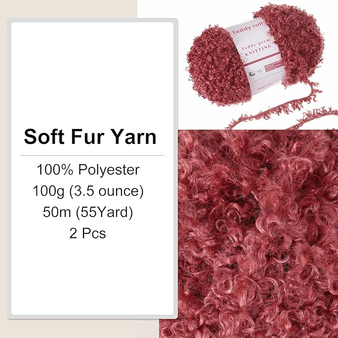 MECCANIXITY 2 Skeins Fur Yarn Soft Fluffy Chunky Yarn Fuzzy Eyelash Yarn Red for Crocheting Knit Clothes Bag - 55Yard/50m, 3.13ozx2