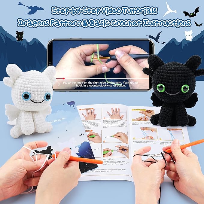 Dragon Crochet Kit for Beginners, 2PCS Black and White Dragon Crochet Animal Kit with Step-by-Step Video Tutorials, Stuffed Animal Crocheting Kits, Birthday Crochet Starter Kit for Adults