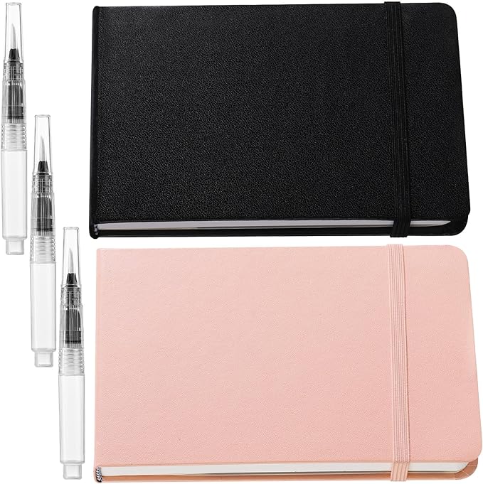Teling 2 Pcs Watercolor Sketchbook with 3 Brush Pens, 140lb/300gsm Paper, Small Portable Travel Watercolor Journal, Pocket Notebook with Folding Pockets, Tear Away Pages with Dotted Line(7.6" X 5.3")