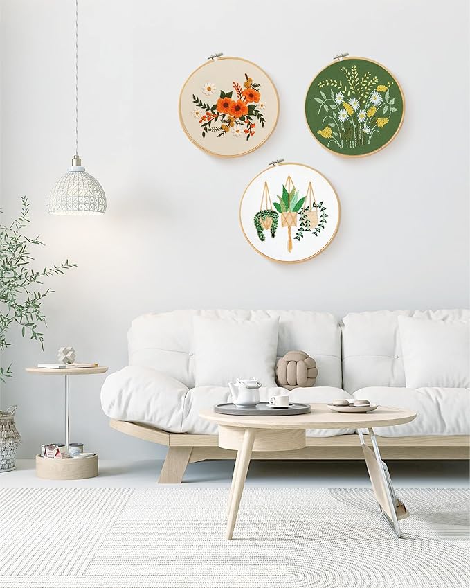 Santune 3 Sets Embroidery Kit for Beginners Needlepoint Cross Stitch Kits for Adults,Stitch Learning DIY Sets with Instruction Video,Stamped Floral Patterns,Hoop,Threads,Sewing Hobby