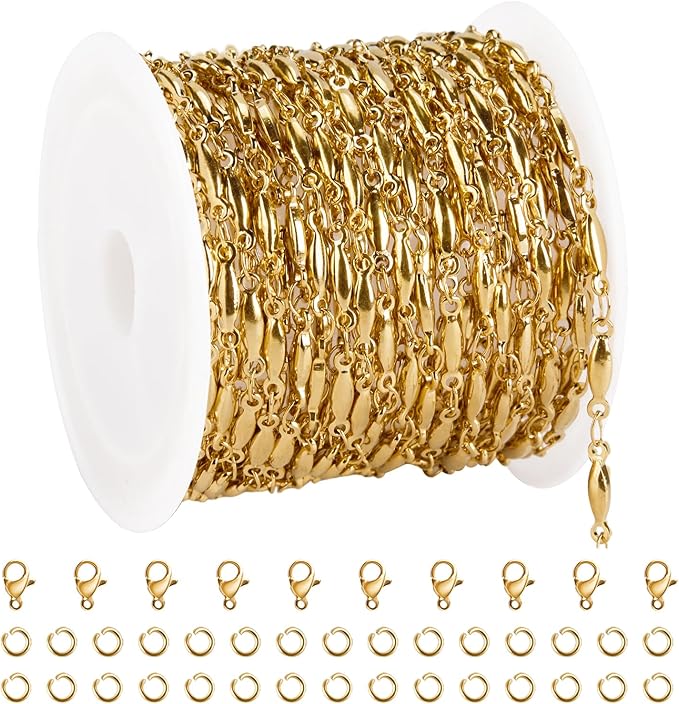 YOUBEIYEE 13 Feet Gold Plated Chain for Jewelry Making Stainless Steel Bar Link Chains Bulk on Spool with Jump Rings Lobster Clasps