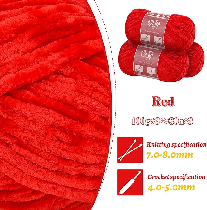 LUNARM Chenille Yarn for Crocheting Knitting, 3 Skein 263 Yard Thick Soft Chunky Fluffy Weaving Plush Yarn for Blankets Clothes Pattern Creations with Big Eye Needles (Red)