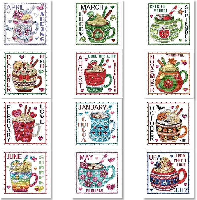 YOKUSHI 12 PCS Monthly Diamond Art Painting Greeting Cards, 12 Month from Jan - Dec Craft DIY Card Making Kits for Adults Gifts (Month)