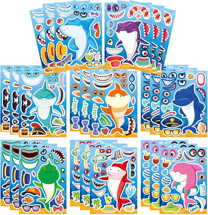 24 sheets make your own shark stickers for kids toddlers, sea ocean animals birthday party favors activities