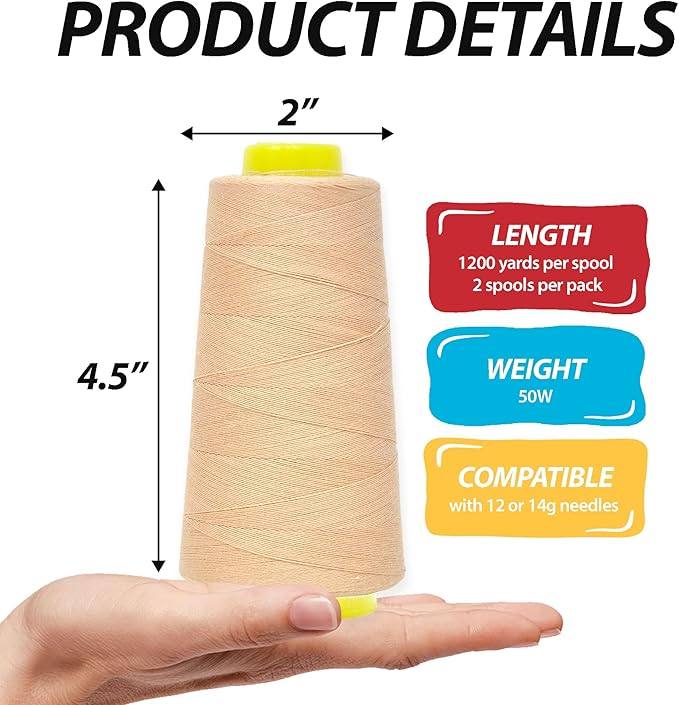 Mandala Crafts Champagne Thread Cones for Machine and Hand Quilting - 2400 Yds 50 WT Multiple Purpose Mercerized 100% Cotton Threads for Sewing Machine Serger Embroidery