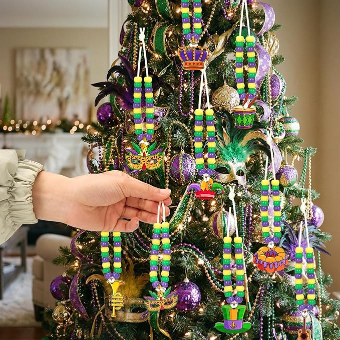 Bafeil Mardi Gras Crafts Beads Necklace Making Kit 24 Sets - Arts and Crafts DIY Bulk with Mask Crown Jester Court Hat Charms, Carnival Party Favors Birthday Family Craft Activities