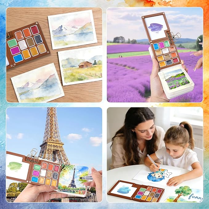 Mini Watercolor Travel Set – 24-Color Watercolor Paint Kit with 12 Special & 12 Standard Pigments, 12-Well Removable Wooden Palette, 5 Brushes & 2 Sketchbooks – Portable Art Kit for Beginners, Students & Artists