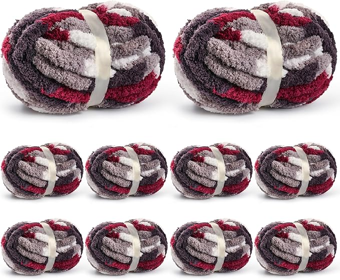 10 Pack Jumbo Chunky Yarn for Hand Knitting, Fluffy Chunky Chenille Yarn for Crocheting, Variegated Chunky Knit Baby Blanket Yarn, 240 yds /70.5 oz Super Bulky Yarn（White-Grey-Wine Red ）