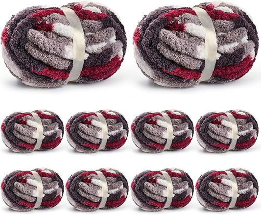 10 Pack Jumbo Chunky Yarn for Hand Knitting, Fluffy Chunky Chenille Yarn for Crocheting, Variegated Chunky Knit Baby Blanket Yarn, 240 yds /70.5 oz Super Bulky Yarn（White-Grey-Wine Red ）