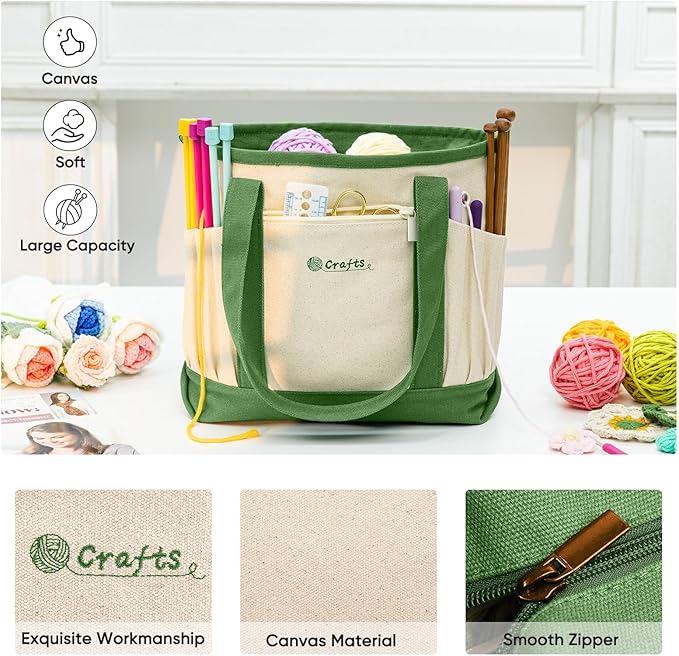 Canvas Yarn Storage Organizer Bag Washable Crochet Bag with Pockets for Yarn, Hooks, Needles – Travel Knitting Tote for Crafters – Gift for Crocheters & Knitters (Medium/Large)