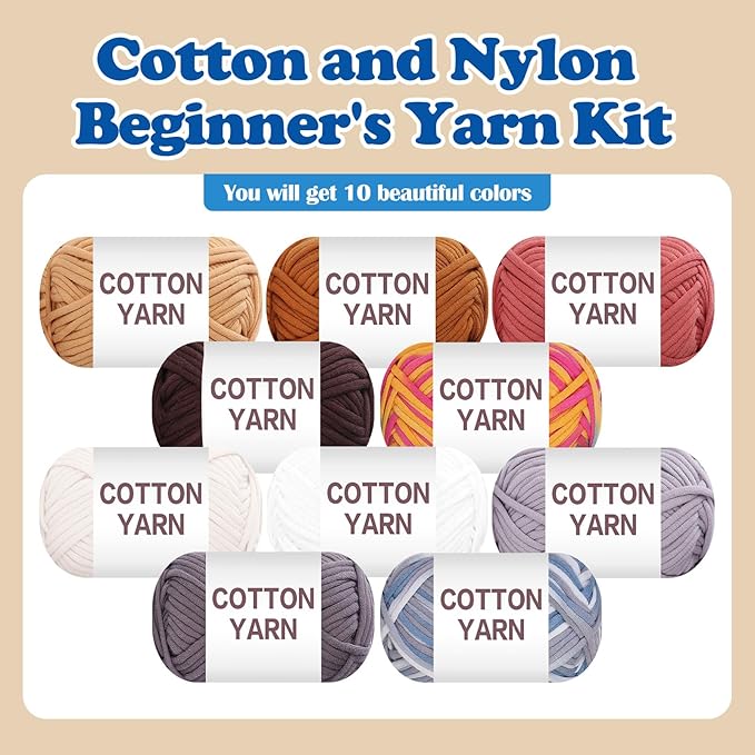 SIMEIQI 10×50g Beginners Yarn Kit for Crocheting and Knitting,Cotton Nylon Blend Yarn for Hand DIY Bag Basket Dolls and Cushion C