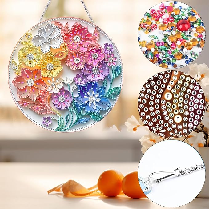 Bimkole Colorful Flowers Diamond Art Hanging Kit for Adult, DIY 5D Diamond Art Stamens Window Pendant, Acrylic Crystal Art Hanging Ornament Home Wall Garden Front Door Sign Outdoor Decor 7.8x7.8 Inch