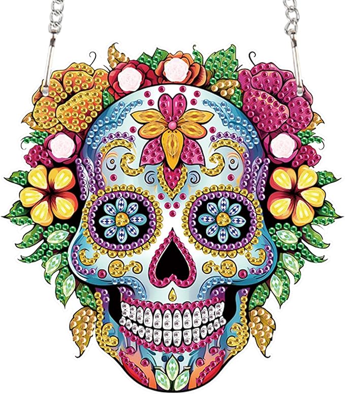 DIY 5D Diamond Painting Hanging Ornament, Skull Design Diamond Art Pendant for Wall, Door, or Window Decoration, Crystal Rhinestone Kit for Halloween, Birthday or Festival Gifts