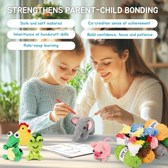 7shaaarks crochet kit for beginners | set of 6 animal crochet kits with yarn & video tutorials, includes frog, crocodile, rooster, elephant, yak & piglet, easy diy gift for teens & kids, christmas