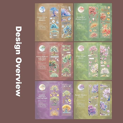 6 Rolls Blooming Forest PET Tape Set, 6 Rolls Tree-Themed Tapes with Decorative Clip, Scrapbook and Journal Supplies for DIY Crafts and Collage