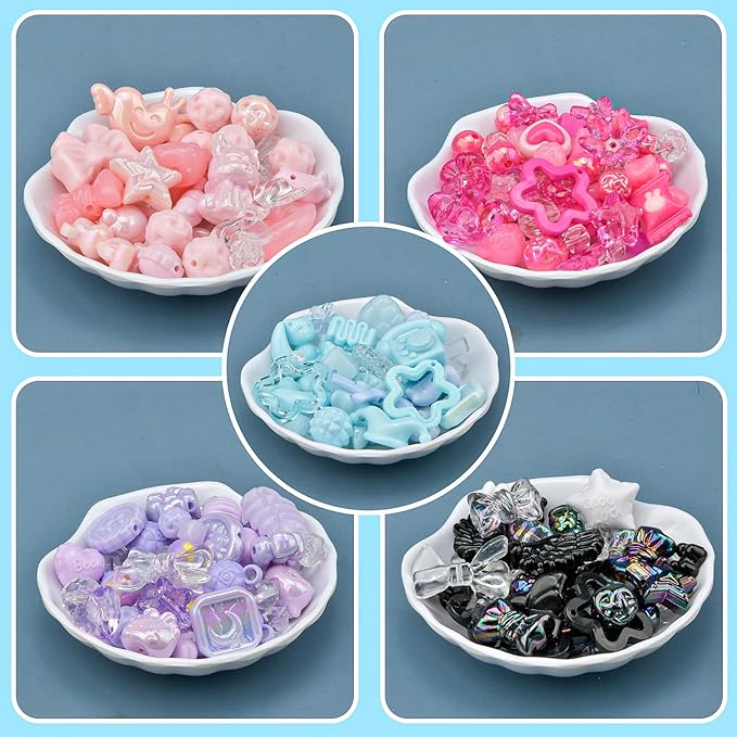 ABONDEVER 245-300Pcs Assorted Acrylic Beads for Bracelets Making Cute Star Bow Flower Candy Heart Gummy Bear Butterfly Aesthetic Beads for DIY Jewelry Crafts Keychain Necklace Phone Charms(5 Colors-B)