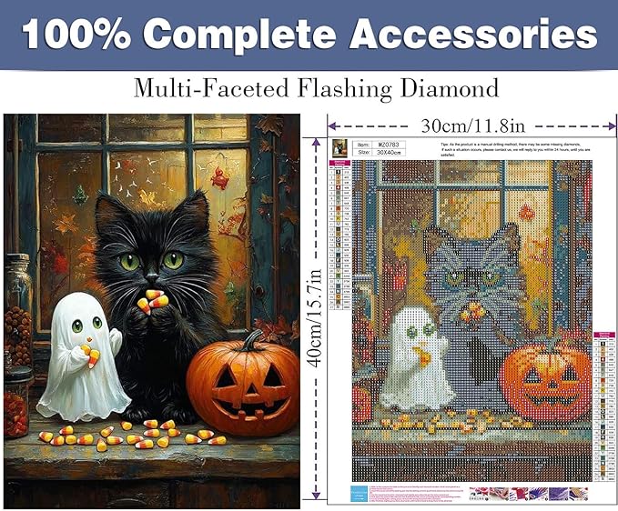 ijbnhd Halloween Diamond Art Kits for Adults, Black Cat Diamond Painting Kits for Adults, 5D Ghost Full Drill Round Pumpkin Gem Art Suitable Home Wall Decor 12x16inch