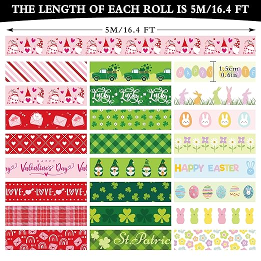 Whaline 24 Rolls Holiday Washi Tape Set St. Patrick's Day Shamrock Easter Egg Masking Tape 15mm Green Clover Happy Easter Valentines Decorative Paper Stickers for Scrapbook DIY Craft, 16.4 Ft