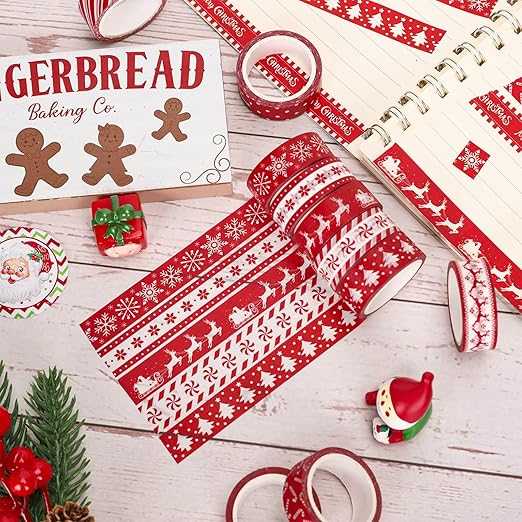 Whaline 12 Rolls Christmas Washi Tapes Red White Decorative Tape Assorted Xmas Patterns Holiday Masking Tapes for Christmas Scrapbook Journal Calendar DIY Craft Gift Wrapping, 16.4ft x 0.6