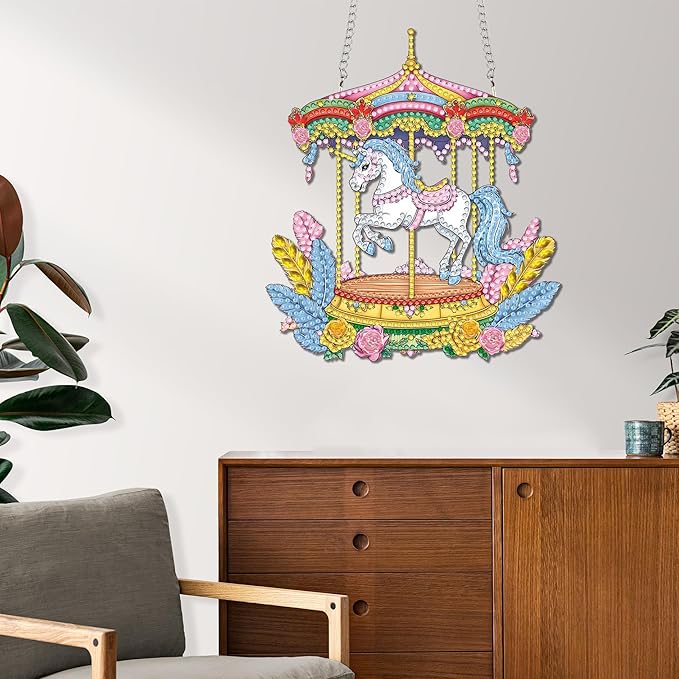 Reofrey Hanging Diamond Art Kits for Adults - 8x8 Inch Carousel Acrylic Board Double Sided Pattern Diamond Painting Suncatcher Pendant, DIY Crystal Art for Home Wall or Window Decoration Handmade Gift