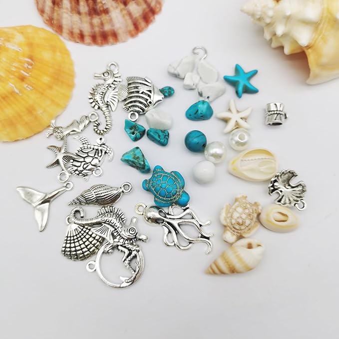 Julie Wang 422PCS Antique Silver Alloy Pendants Seashells Man-made Turquoise Beads Starfish Turtle Ocean Charms for Jewelry Making Summer Beach Necklace Earring Bracelet Craft DIY Accessory