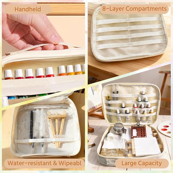 Mini Watercolor Travel Paint Set,22Pcs Artist Watercolor Palette Travel Set with Colors,Wooden Paint Box,Brush,Holder,Oil Cup,Plastic Bottles Storage Bag for Beginners Artists Student(8 Grids)