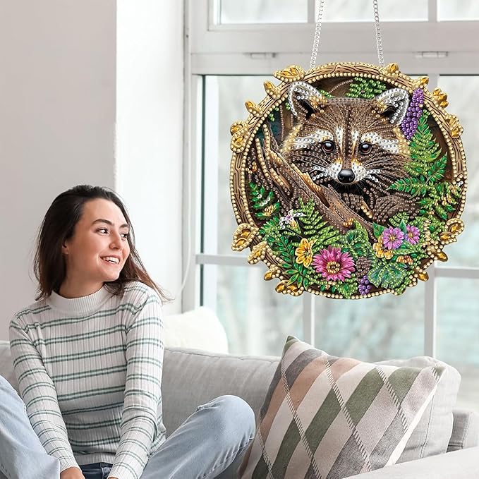 Yomiie Raccoon Sun Catcher Window Hanging - DIY Double Sided Animal Diamond Painting Pendant Kit, Acrylic Diamonds Art Ornament for Front Door Sign & Indoor/Outdoor Garden Decor(8x8 inch)