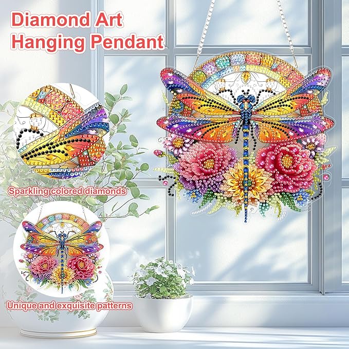 TOSTOG Diamond Art Hanging Kits for Adults, 5D Flowers Diamond Painting for Adults Window Pendant, Special Shape Diamonds DIY Dragonfly Diamond Painting Hanging Pendant Kit for Wall Decor Gift