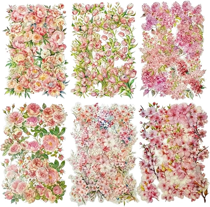 TIAMECH Pink Garden PET Stickers - 180 Pcs Cherry Lilac Peony & Tulip Rose Wildflower Design, Waterproof Sticker for Journaling & Scrapbooking, Junk Journal Supplies, Ephemera & DIY Crafts