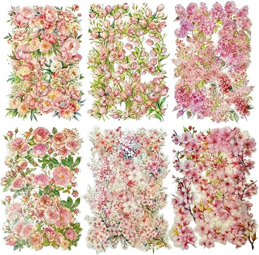 TIAMECH Pink Garden PET Stickers - 180 Pcs Cherry Lilac Peony & Tulip Rose Wildflower Design, Waterproof Sticker for Journaling & Scrapbooking, Junk Journal Supplies, Ephemera & DIY Crafts