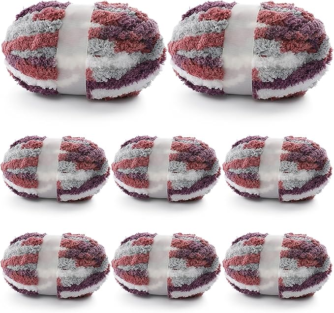 8 Pcs Chunky Yarn for Hand Knitting - Chunky Chenille Yarn for Crocheting - Fluffy Yarn for Crochet - Jumbo Yarn for Hand Knitting 200 yds 61.6 oz of Super Bulky Yarn (Red-Purple)