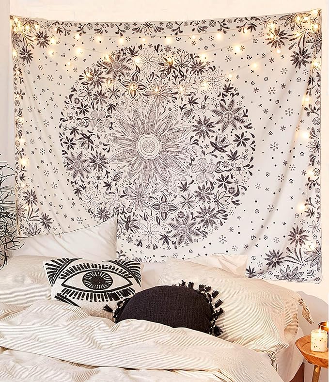 neasow bohemian tapestry wall hanging, beige white floral tapestry with dotted daisy medallion print bedroom boho hippie home decor, 50×60 inches