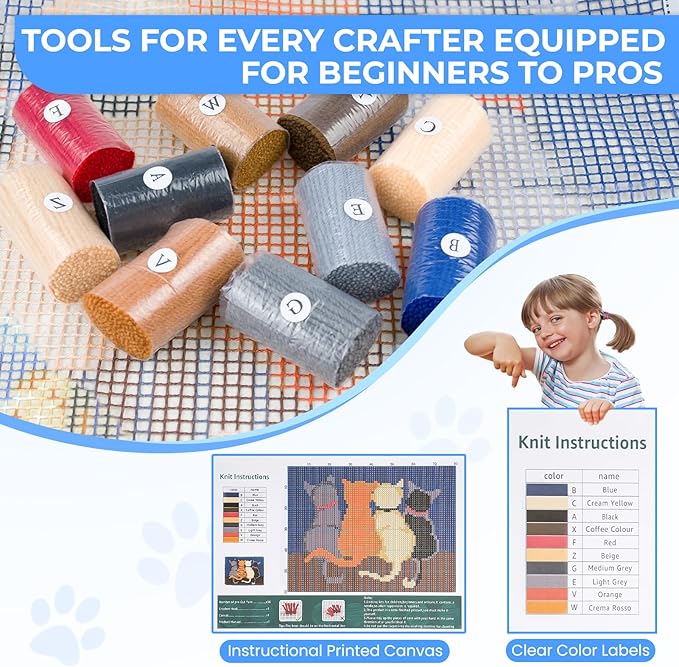 EsLuker.ly Latch Hook Rug Kit DIY Crochet Carpet for Beginners, Cats Patterns Pre-Printed Canvas Yarn Rug Hooking Kits, Creative Craft Home Decor Ideal for Learning Rug Making, Blue