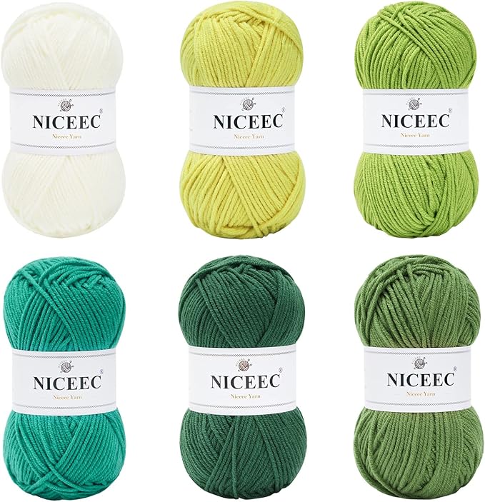 NICEEC 300g Soft Assorted Colors Yarn - Sport Weight,100% Acrylic, 4 Ply, Bonbons Yarn for Crochet & Knit, DIY Project Starter Kit for Kids or Adults(Total 870yds) - Green Series