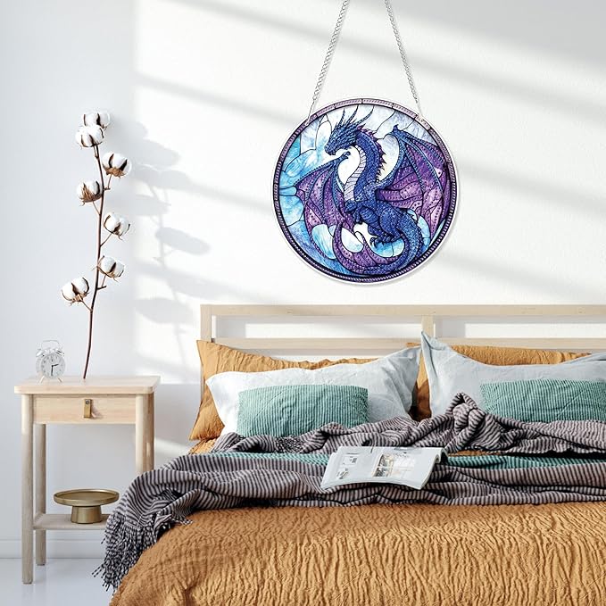 HEIBAGO Dragon Hanging Diamond Art Kits for Adults, Special Shaped Crystal Diamond Painting Ornament Kit, Stained Glass DIY Double-Sided Pattern Gem Art Kit for Home Wall Decor 8.3x8.3inch