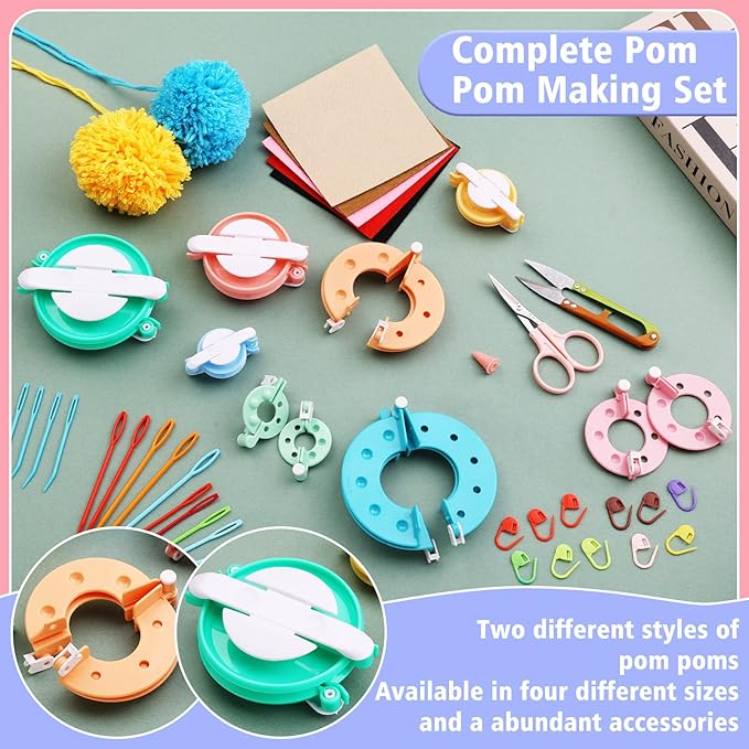 FTEVEN 41Pcs Pom Pom Maker Kit, 8 Size Pompom Maker Tools Set with Warped Head Scissor and Instruction, Used for Fluff Ball Weave DIY Crochet Knitting, Pom Pom Maker for Yarn Knitting Craft Project