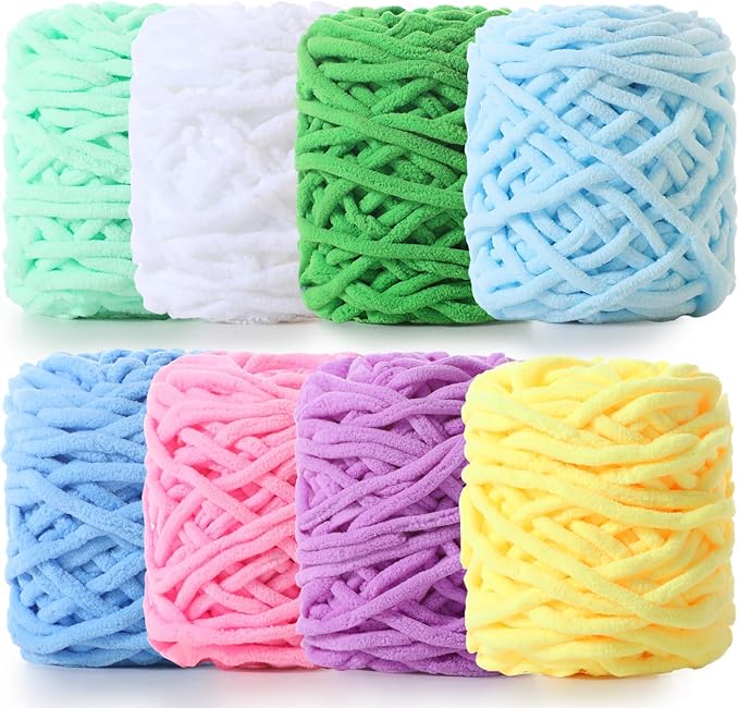 Buryeah 8 Pack Chunky Chenille Yarn for Crocheting Soft Thick Fluffy Yarn for Hand Knitting Bulky Velvet Blanket Plush for Weaving DIY Crafts Each 3.5 oz 55 Yards (Fresh Colors)